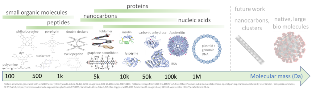 Examples of processed molecules arranged by molecular mass from approximately 100 dalton to beyond one megadalton