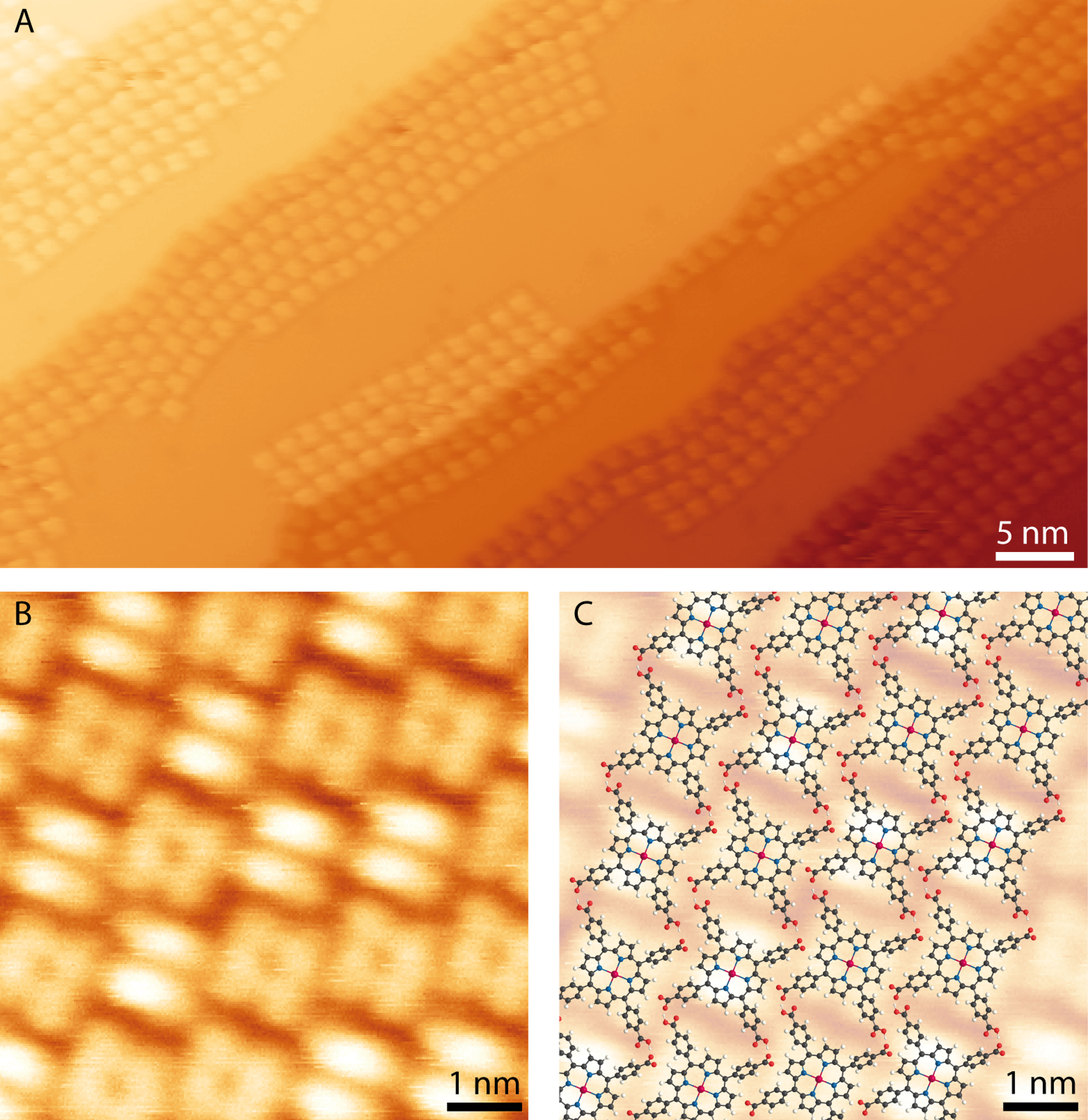 Room-temperature ultrahigh-vacuum scanning tunnelling microscopy of Cu-TCPP deposited on silver, including overview, molecular detail and structural overlay